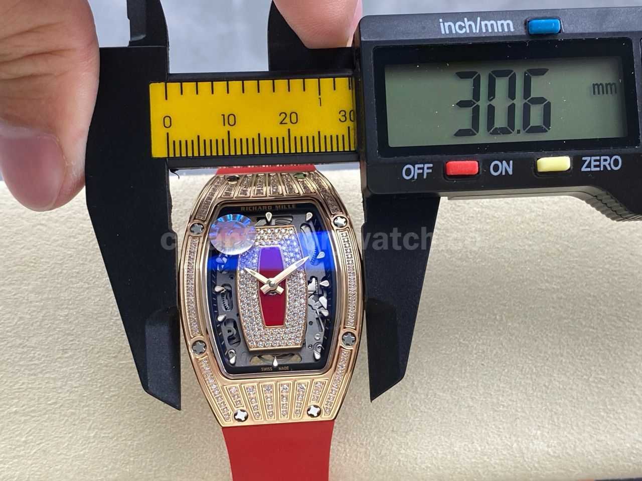 ZF Factory Richard Mille RM07 31.4mm Diamond Rose Gold Red Rubber Strap Skeletonized Black Dial (13)