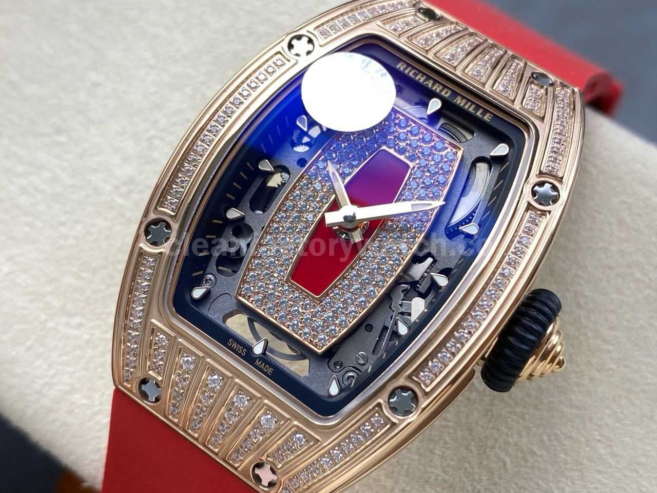 ZF Factory Richard Mille RM07 31.4mm Diamond Rose Gold Red Rubber Strap Skeletonized Black Dial (15)