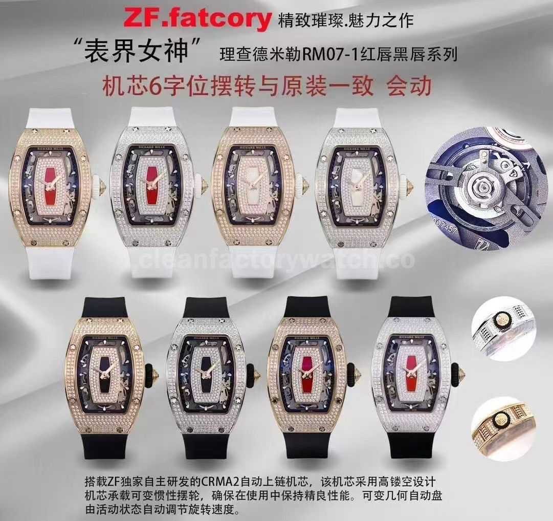 ZF Factory Richard Mille RM07 31.4mm Diamond Rose Gold Red Rubber Strap Skeletonized Black Dial (8)