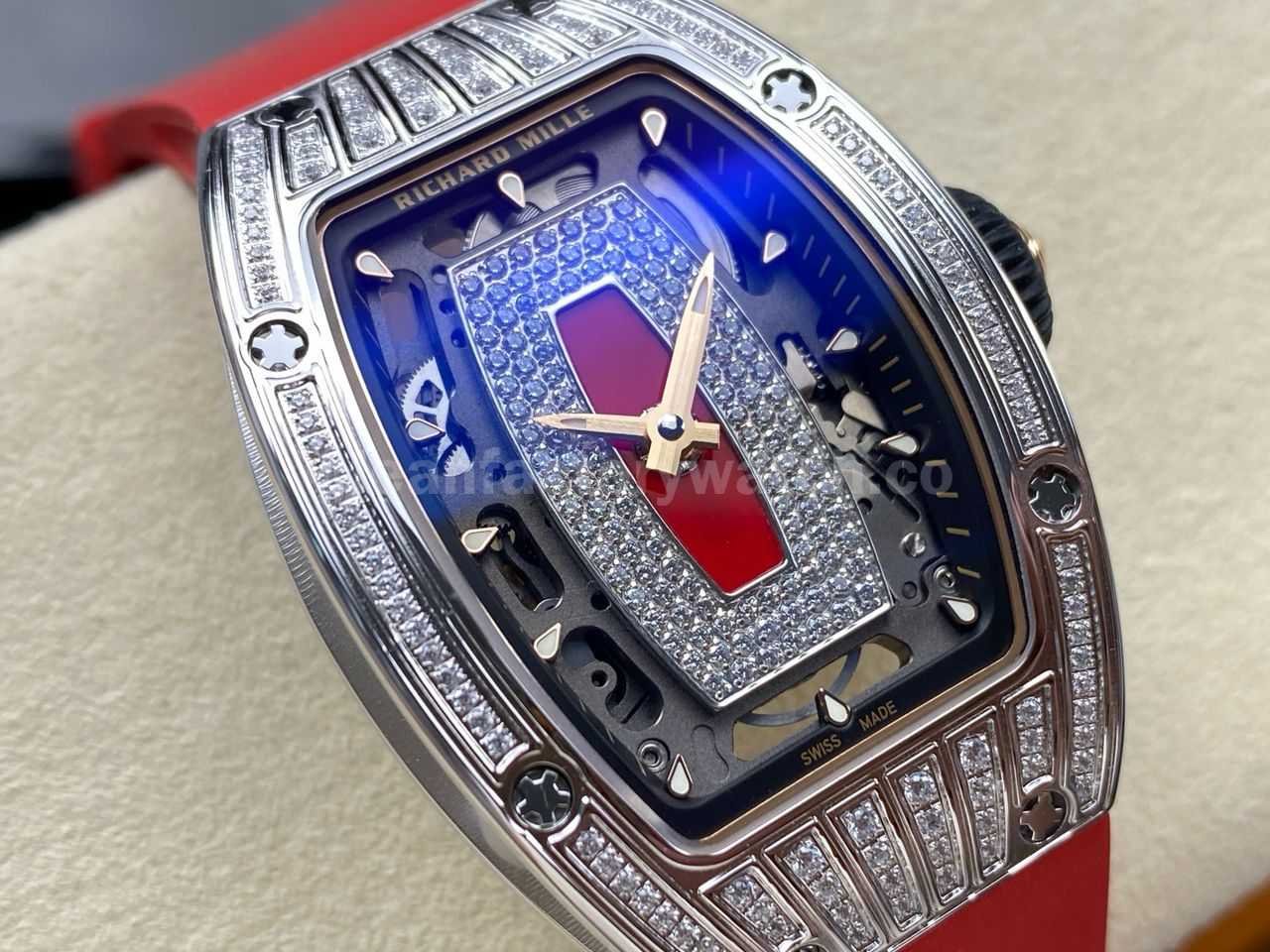 ZF Factory Richard Mille RM07 31.4mm Diamond White Gold Red Rubber Strap Skeletonized Black Dial (2)