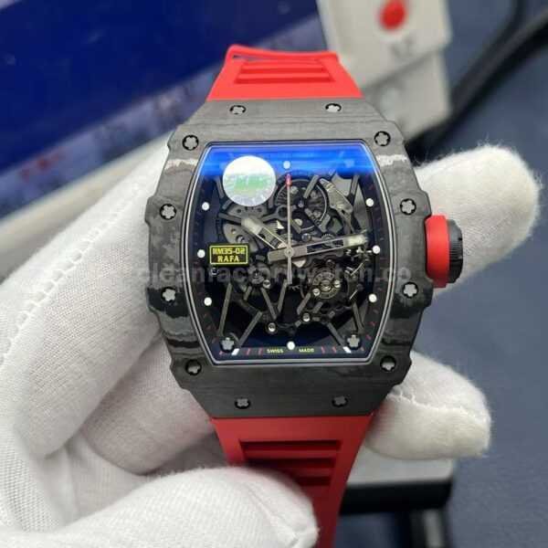 ZF Factory Richard Mille RM35-02 Black Carbon Fiber Red Rubber Strap Black Skeletonized Dial