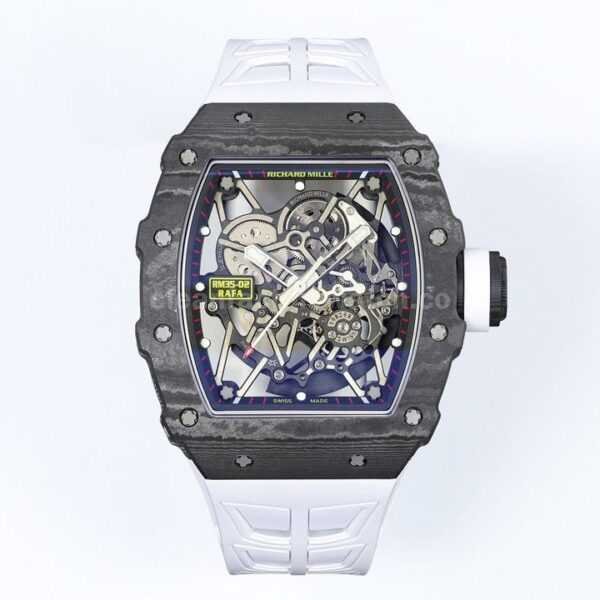 ZF Factory Richard Mille RM35-02 Black Carbon Fiber White Rubber Strap Black Skeletonized Dial