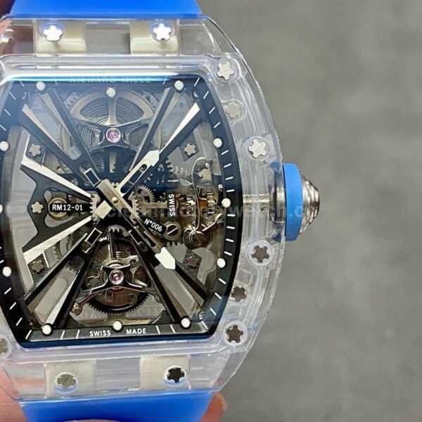 RM Factory Richard Mille RM 12-01 39mm Transparent Crystal Blue Rubber Strap Skeletonized Black Dial