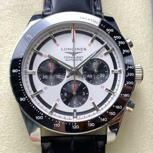 AF Factory Longines Conquest Chronograph L3.835.4.72.6 42mm Steel Leather Strap Black Eyes White Dial