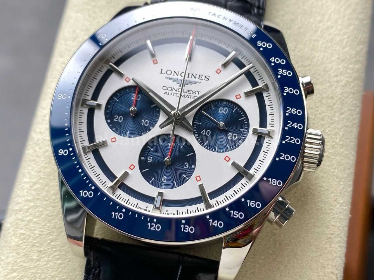 AF Factory Longines Conquest Chronograph L3.835.4.98.6 42mm Steel Leather Strap Blue Eyes White Dial (2)