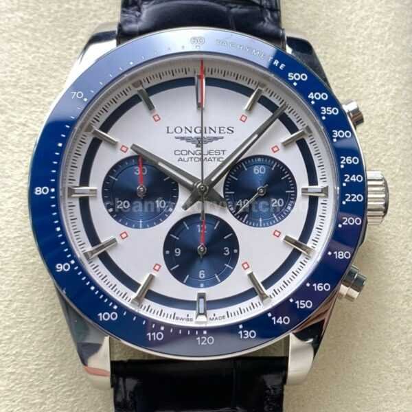 AF Factory Longines Conquest Chronograph L3.835.4.98.6 42mm Steel Leather Strap Blue Eyes White Dial
