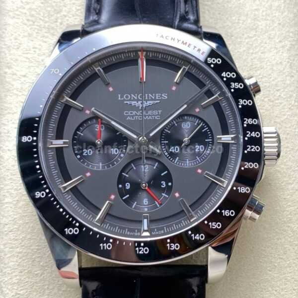 AF Factory Longines Conquest Chronograph L3.836.4.52.9 42mm Steel Leather Strap Black Eyes Gray Dial