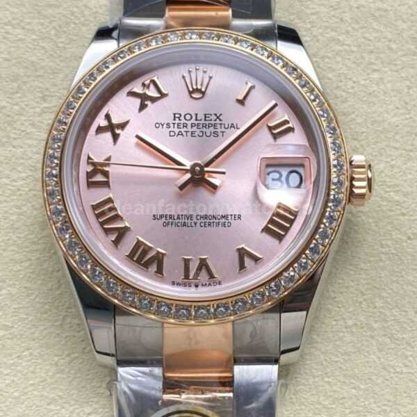 ARF Factory Counterweight Rolex Datejust Oyster 278381RBR-0001 31mm Rose Gold Diamond Bezel Roman Numerals Rose Dial