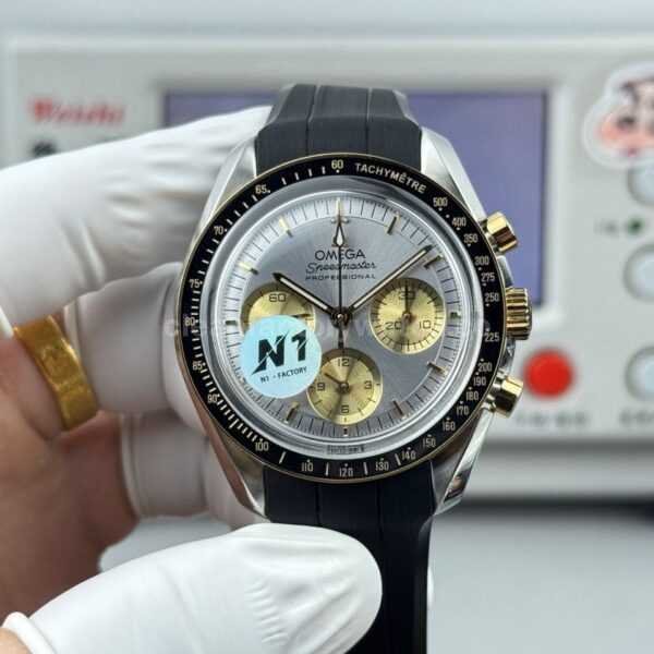 N1 Factory Omega Speedmaster Professional Moonwatch 310.20.42.50.02.001 Yellow Gold Rubber Strap Silver Dial
