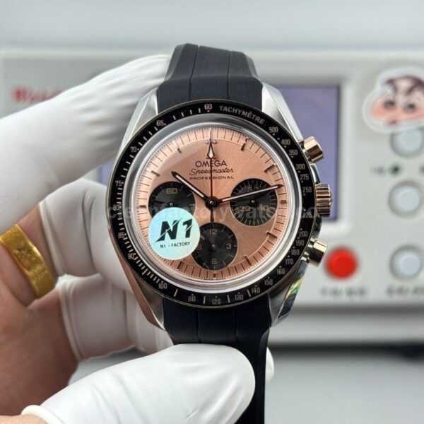 N1 Factory Omega Speedmaster Professional Moonwatch 310.62.42.50.99.001 Steel Rubber Strap Pink Dial