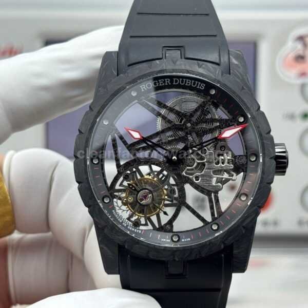 NEW Factory Roger Dubuis Excalibur DBEX0577 42mm Carbon Fiber Black Rubber Strap Skeletonized Dial