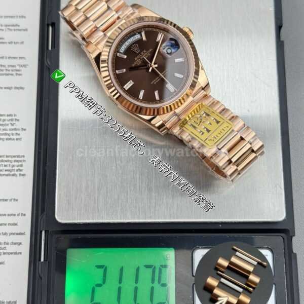 PPM Factory Counterweight Rolex Day-Date 228235-0003 40mm Full Rose Gold Baguette Diamond Brown Dial