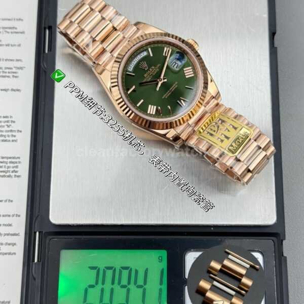 PPM Factory Counterweight Rolex Day-Date 228235-0025 40mm Full Rose Gold Roman Number Olive Green Dial