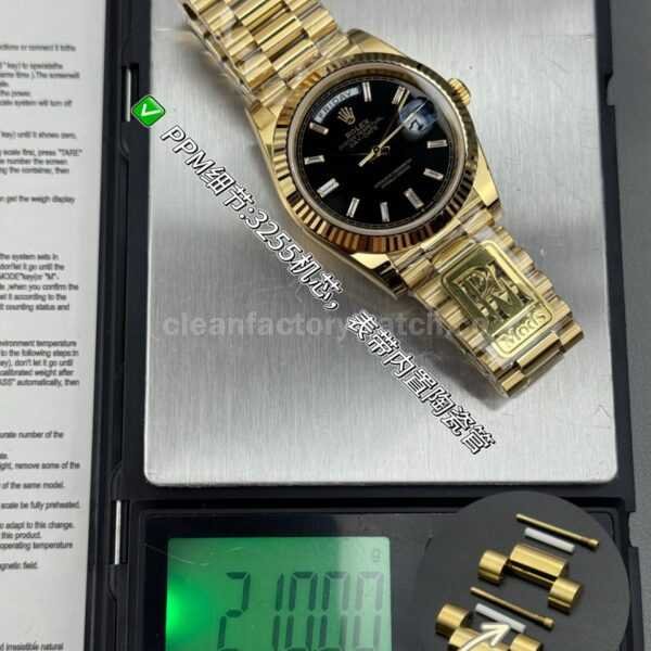 PPM Factory Counterweight Rolex Day-Date 228238-0004 40mm Full Yellow Gold Diamond Baguette Black Dial