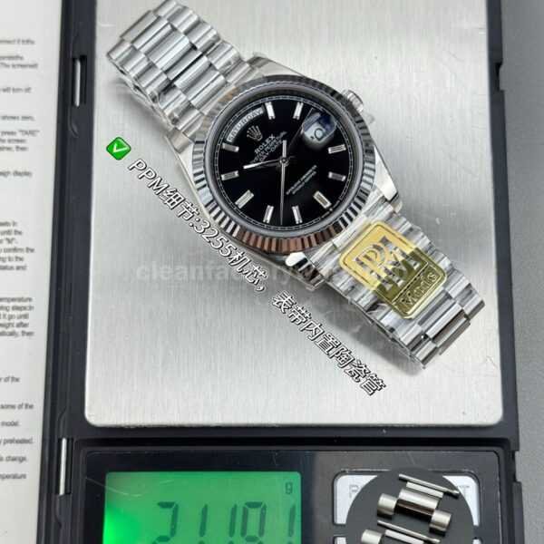 PPM Factory Counterweight Rolex Day-Date 228239-0005 40mm Full White Gold Baguette Diamond Black Dial
