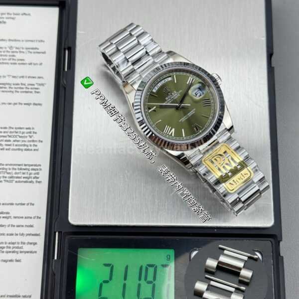 PPM Factory Counterweight Rolex Day-Date 228239-0033 40mm White Gold Roman Numerals Olive Green Dial