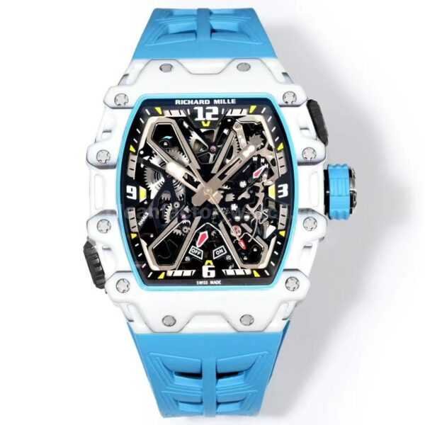 RM Factory Richard Mille RM35-03 White Carbon Fiber Light Blue Rubber Strap Black Skeletonized Dial