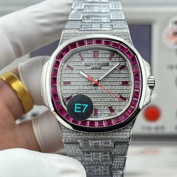 E7 Factory Emerald Nautilus 5711 full platinum red diamond bezel diamond dial watch