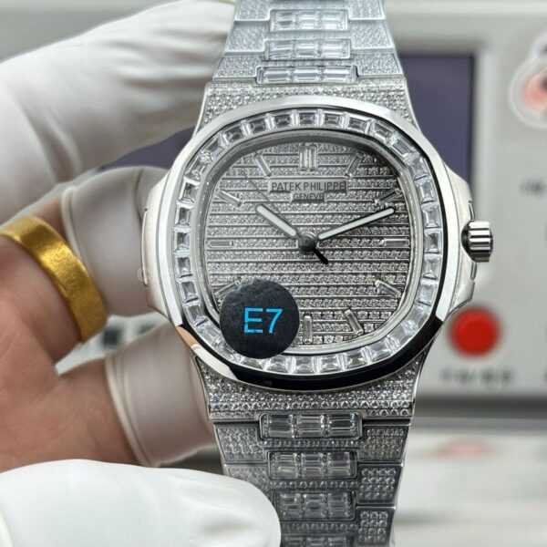 E7 Factory Patek Philippe Nautilus 5711 white gold diamond bezel baguette diamond dial watch