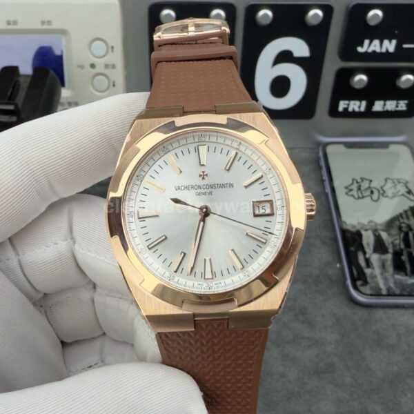 8F Factory Vacheron Constantin Overseas 4500V/000R-B127 41mm rose gold brown rubber strap silver dial replica watch