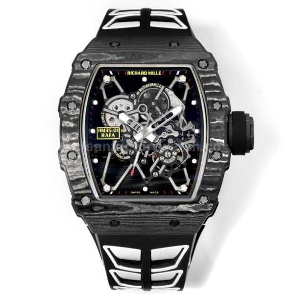 New Factory Richard Mille RM 35-01 black carbon fiber black white rubber strap replica watch