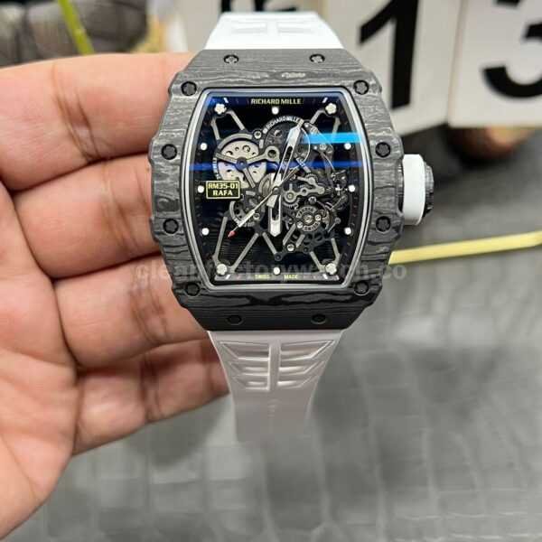 New Factory Richard Mille RM 35-01 black carbon fiber white rubber strap replica watch